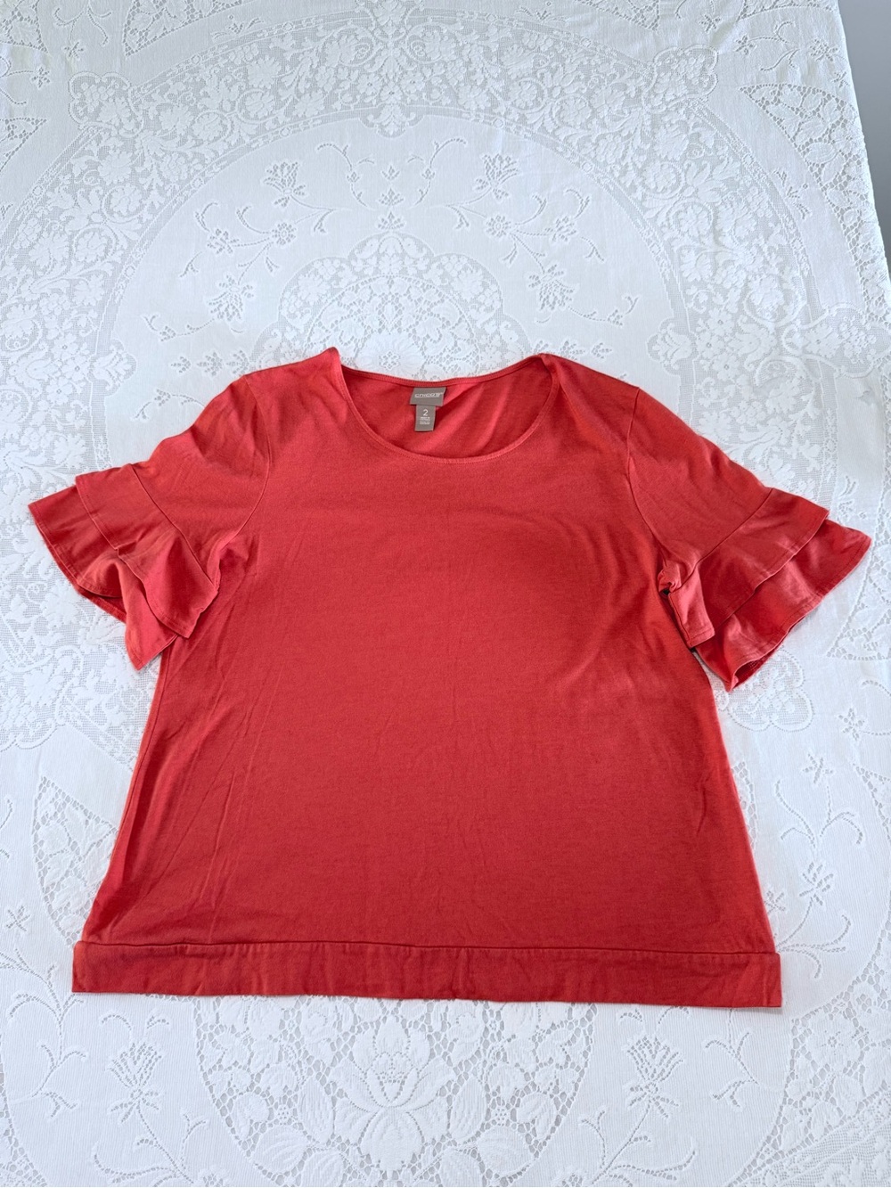 Chico's Terracotta Rust Ruffle Layered Sleeve Tee Top Cotton Modal Size 2 L - Picture 2 of 13